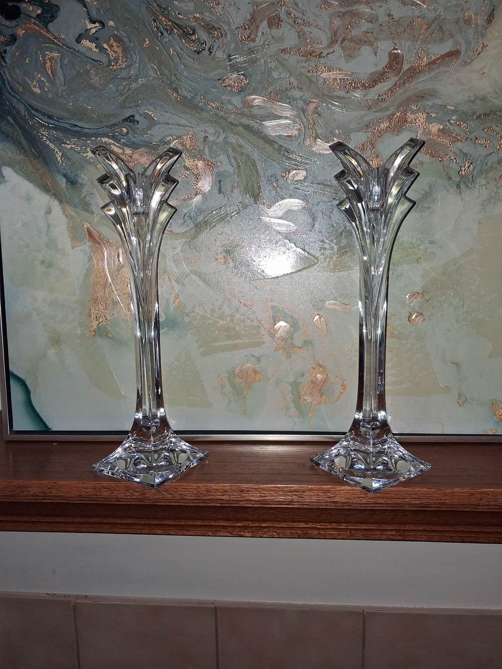 Vintage Mikasa Art Deco Crystal Palm-Style Pair of Candle Holders